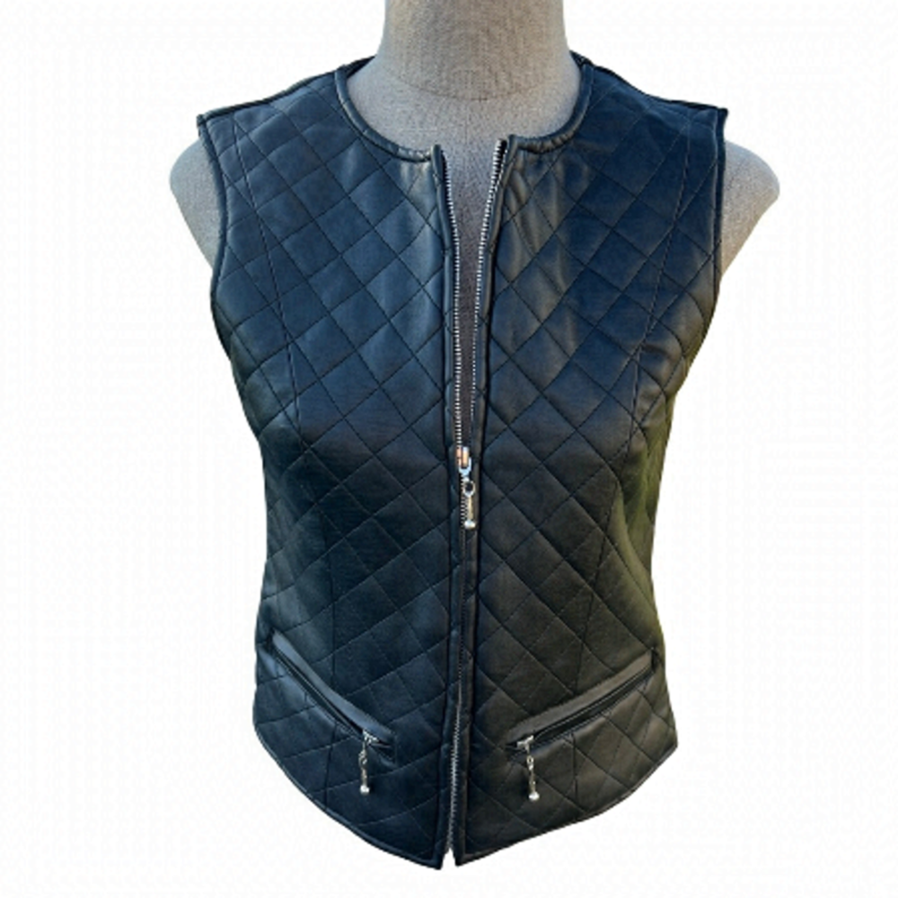 Vintage Black Vegan Faux Leather Quilted Vest Size Small